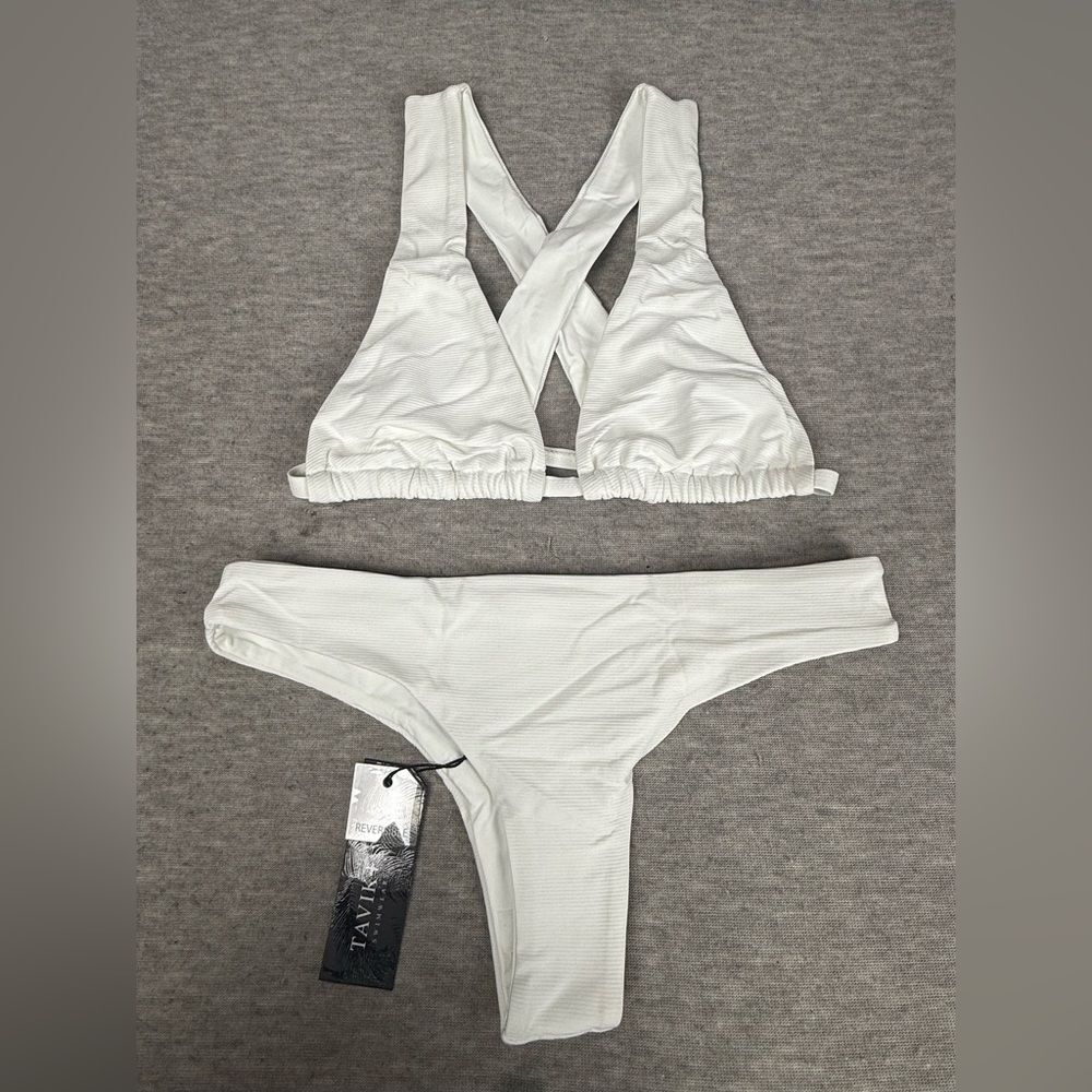 Tavik Reversible Ribbed Bikini Set Women's Large White Crisscross Back Swimwear